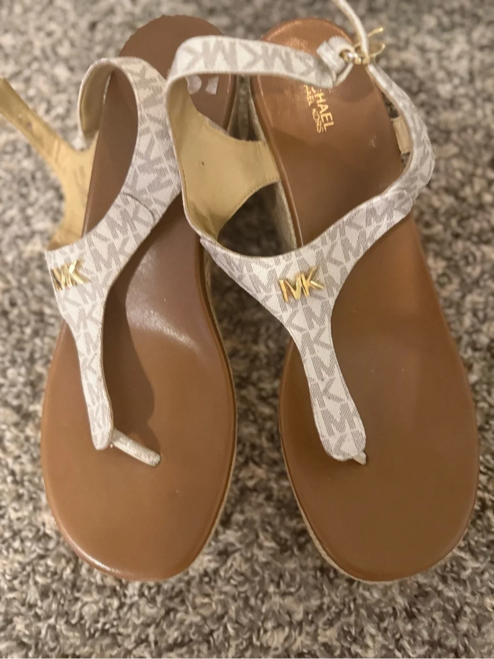 Michael Kors Beige Logo T-Strap Sandals with Gold Accent